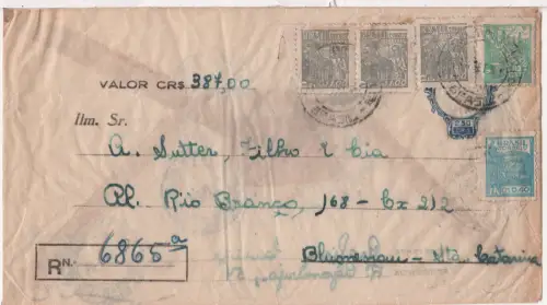 Brasilien 1951, gebr. 250 Reis Reko-Ganzsachenumschlag m. Zusatzfrankatur