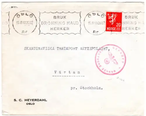 Norwegen 1940, 20 öre auf Brief v. Oslo n. Schweden m. Geprüft Deutsche Zensur.