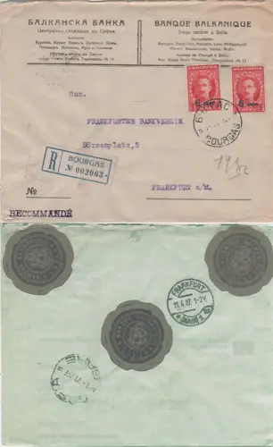 Bulgarien 1927, 2x6/1 L. auf Einschreiben Bank-Brief v. Bourgas n. Deutschland