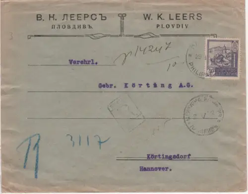 Bulgarien 1918, 50 St. auf Einschreiben Firmen-Brief v. Plovdiv n. Deutschland