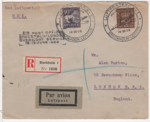 Schweden 1928, 10+45 öre auf Nachtflug Einschreiben Brief v. Stockholm n. London