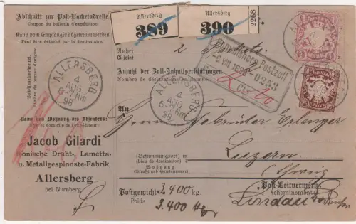 Bayern 1898, 1 Mk.+50+( rücks.) 10 Pf. auf Paketkarte v. Allersberg i.d. Schweiz