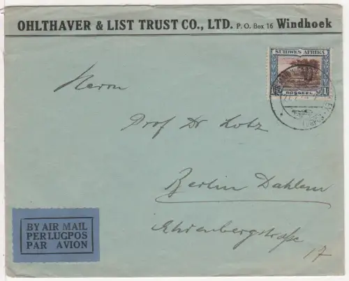 Südwestafrika 1934, 1 Sh. auf Luftpost Firmenbrief v. Windhuk n. Deutschland