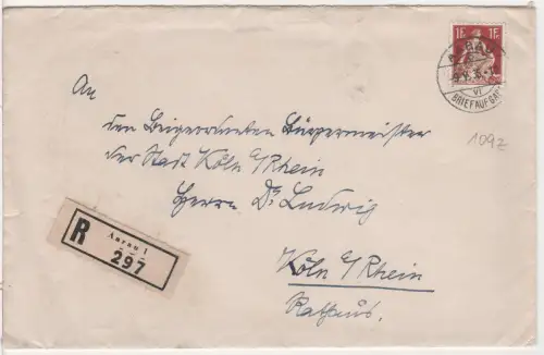Schweiz 1935, EF 1 Fr. (Mi. 109z) auf Einschreiben Brief v. Aarau n. Köln