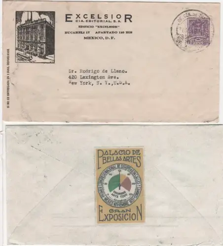 Mexiko 1937, 10 C. auf Hotel Brief m. rücks. Expo-Vignette