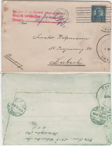 USA 1925, Brief v. Philadelphia m. Lübeck Amtl. verschlossen-Hinweisstempel