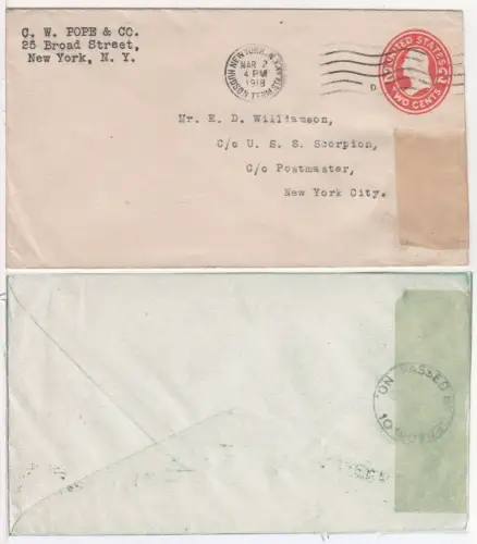 USA 1918, 2 C. Ganzsache Brief v. NY m. Zensur an Kregsschiff USS Scorpion