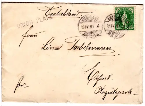 Schweiz 1893, 25 C. auf Ambulant No.32 Bahnpost Brief m. Stations-L1 Davos-Platz