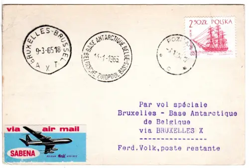 Polen 1965, 2,50 Zl. auf Karte an die Base Antarctique Belgique m. Ank.Stpl.