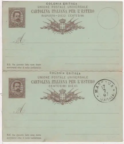 Italien, Kolonie Eritrea, ungebr. 15 C. Doppelkarte Ganzsache m. blanco-Stempel