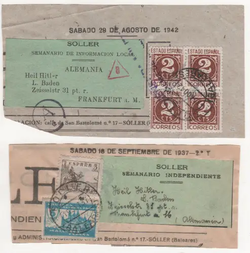 Spanien 1937/42, 6 Marken auf 2 Zeitungsteilen m. Zensuren v. SOLLER n. Dt.