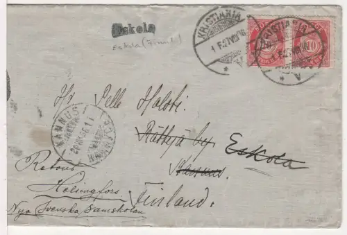 Norwegen 1906, Paar 10 öre auf Brief v. Christiania m. Finnland-L1 Eskola