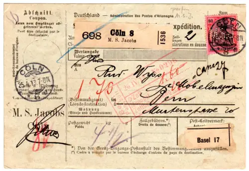 DR 1913, 80 Pf. Germania m. perfin auf Paketkarte v. Köln i.d. CH.