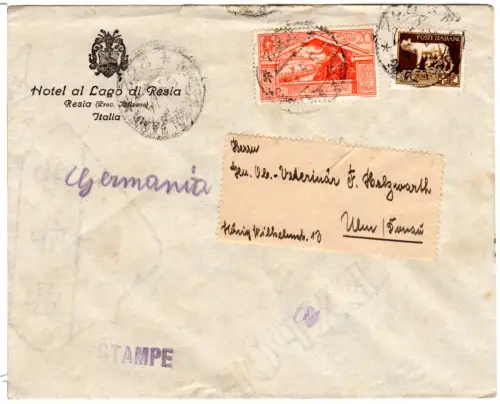 Italien 1931, 5+20 C. auf Hotel Brief v. Reschen m. Bahnpost Malles-Bolzano