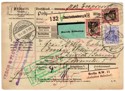 DR 1906, 20+2x50 Pf. Germania auf Eilboten Paketkarte v. Charlottenburg i.d. CH.