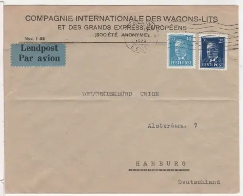Estland 1939, 10+25 S. auf Wagon-Lits Firmenumschlag v. Tallin n. Hamburg
