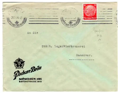 DR 1936, 12 Pf. m. perfin auf Brauerei Brief v. München m. rücks. Vignette