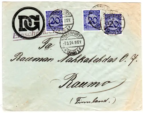 DR 1924, MeF 3x20 Pf. m. perfins auf Brief v. Frankfurt n. Finnland.