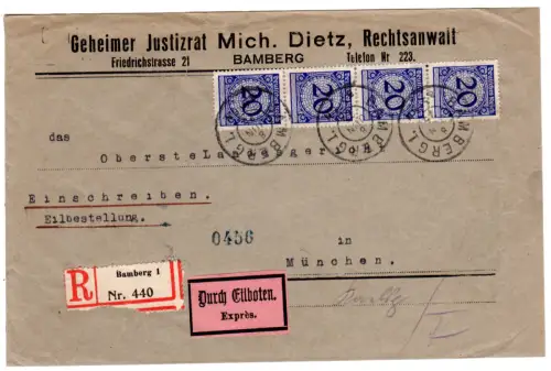 DR 1925, MeF 4x20 Pf. auf Einschreiben Eilboten Brief v. Bamberg n. München