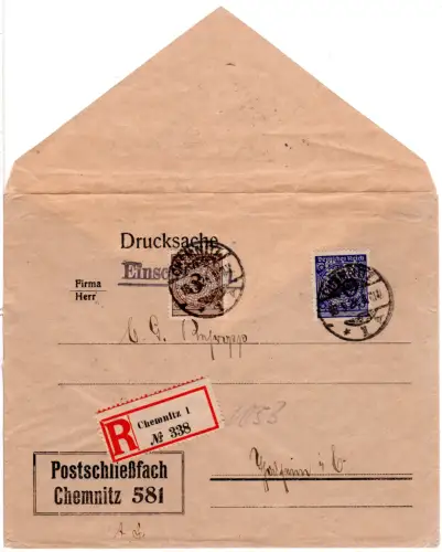 DR 1924, 3+20 Pf. m. perfins auf Einschreiben Drucksache v. Chemnitz