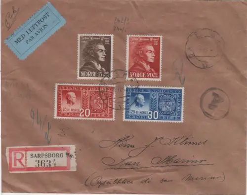 Norwegen 1942, 4 Marken auf Luftpost Reko Brief v. Sarpsborg n. San Marino!