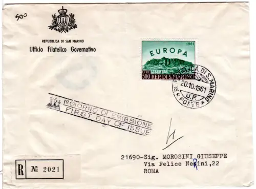 San Marino 1961, 500 L. auf eingeschriebenem Ersttagsbrief n. Rom. FDC!