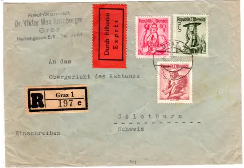 Österreich 1955, 7+3 S.+80 G. Trachten auf Reko Eilboten Brief v. Graz i.d. CH