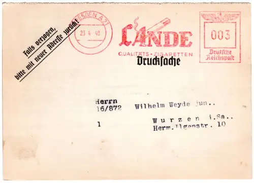DR 1940, 3 Pf. AFSt. Lande Qualitäts-Zigaretten auf Firmen Karte v. Dresden