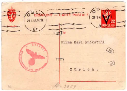 Norwegen 1942, 20 öre Ganzsache m. V-Überdruck (P97) u. Zensur v. Oslo i.d. CH.