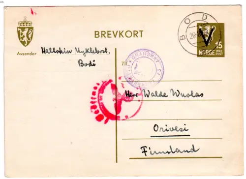 Norwegen 1943, 15 öre Ganzsache m. V-Überdruck u. seltener Trondheim-Zensur! LP!
