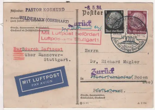 DR 1934, 1+15 Pf. auf Luftpost Kte v. Wildemann via Stuttgart n. Friedrichshafen
