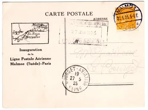 Schweden 1925, Malmö-Paris Erstflugkarte m. 35 öre u. allen Stempeln