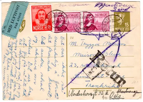 Norwegen 1947, 15 öre Ganzsache m. Zusatzfr. per Luftpost v. Vassenden i Jölster