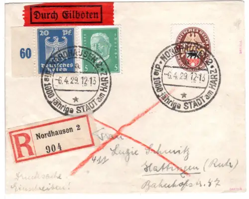 DR 1929, 50 Pf. Nothilfe+20+5 Pf. auf Reko Eilboten Brief v. Nordhausen. Geprüft