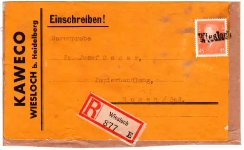 DR, EF 45 Pf. auf Einschreiben Warenprobe-Adresse m. L1 Wiesloch