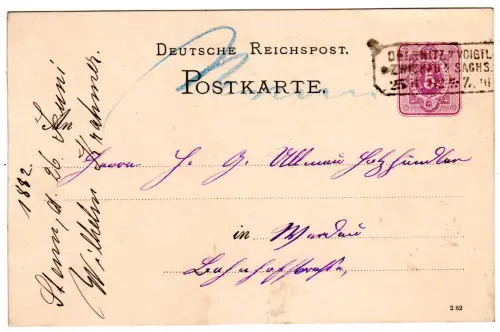 DR 1882, Bahnpost-R3 Oelsnitz-Zwickau auf 5 Pf. Ganzsache m. hds. Aufgabe Stenn