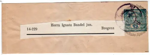 Österreich 1920, in Bregenz gebr. 6 H. DÖAV - Streifband