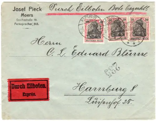 DR 1920, 40+2x50 Pf. Germania auf Firmen Eilboten Brief v. Moers n. Hamburg