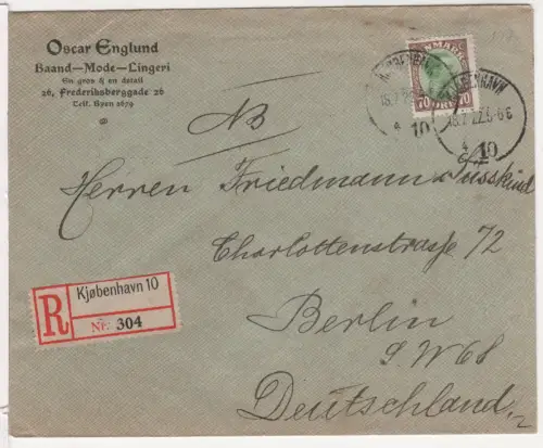 Dänemark 1922, EF 70 öre auf Einschreiben Brief v. Kopenhagen n. Berlin