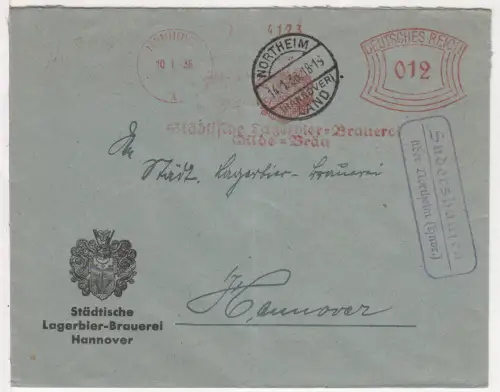 DR 1936, Landpost Stpl. SUDERSHAUSEN über Northeim auf Brauerei-Antwortbrief 