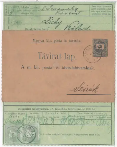 Ungarn 1891, 35 Kr. Telegrammkartenbrief Ganzsache v. Nograd Berkenye n. Szirak