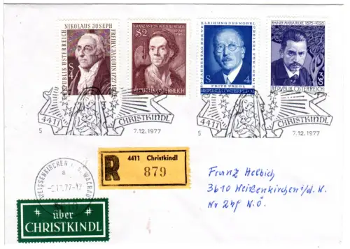 Österreich 1977, Christkindl, Einschreiben Brief m. 4 Marken u. grünem Etikett 