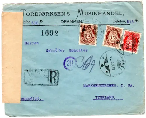 Norwegen 1919, 10+2x15 öre auf Einschreiben Brief v. Drammen m. dt. Zensur