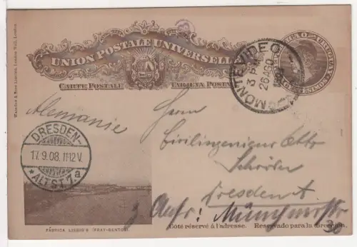 Uruguay 1908, 3 C. Bildganzsache (Fabrica Liebig's) v. Montevideo n. Dresden