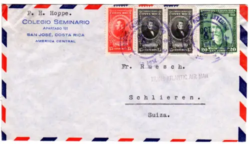 Costa Rica 1946, 4 Marken auf Luftpost Brief v. San José i.d. Schweiz 