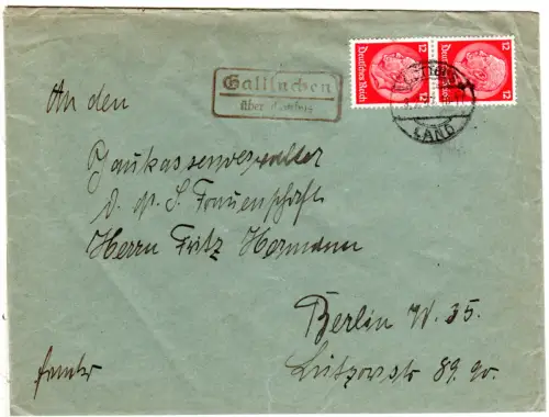 DR 1937, Landpost Stpl. GALLINCHEN über Cottbus auf NSDAP Brief m. 2x12 Pf.