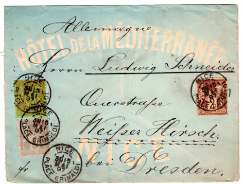Frankreich 1897, 2+3+20 C. auf Hotel-Reklame Umschlag v. Nice n. Dresden