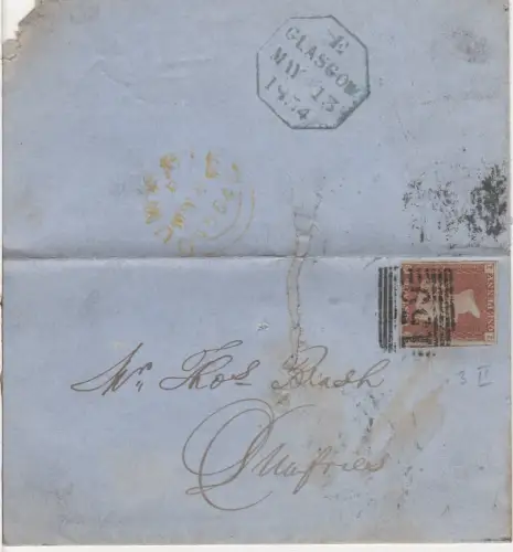 GB 1854, breitrandige 1d auf Brief v. 159  Glasgow m. gelbem K1 Dumfries