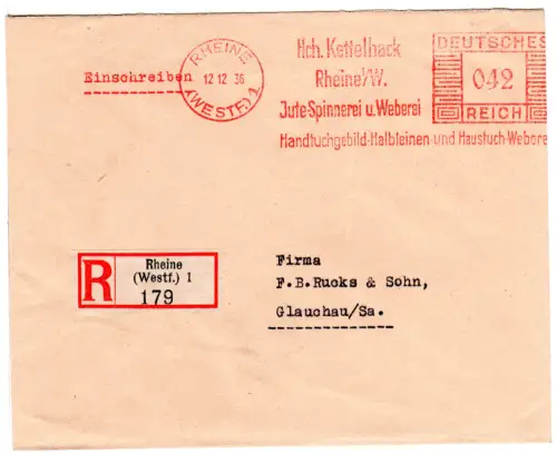 DR 1936, 42 Pf. AFSt. Hch. Kettelhack Jute-Spinnerei... auf Reko-Brief v. Rheine