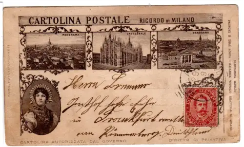 Italien 1891, 10 C. auf früher Ansichtskarte Ricordo Di Milano 